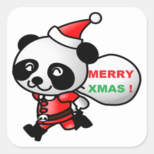 "MERRY XMAS" PANDA BEAR SANTA SQUARE STICKER (Front)