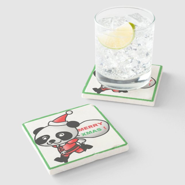 "MERRY XMAS" PANDA BEAR SANTA STONE COASTER (Side)