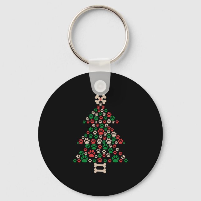 Merry Xmas Paw Prints Dog Christmas Tree Key Ring (Front)