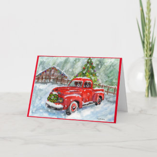 Merry Xmas Red Truck w/ Boxers driving Xmas card