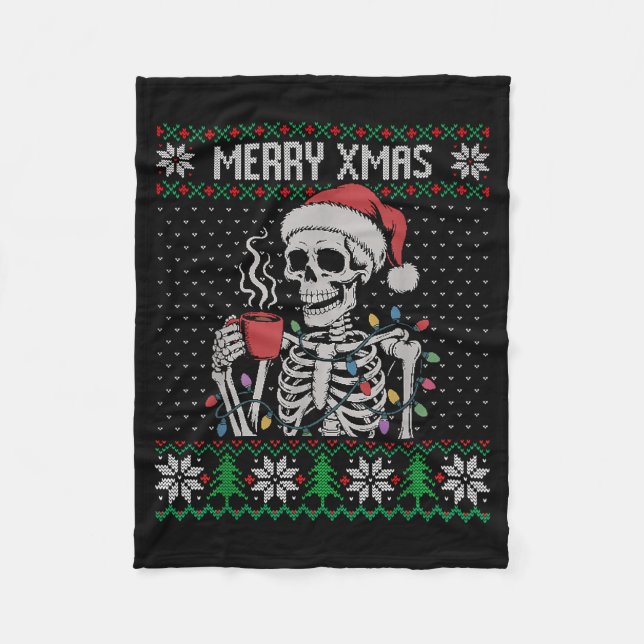 Merry Xmas Skeleton Ugly Sweater, Skull Wearing Sa Fleece Blanket (Front)