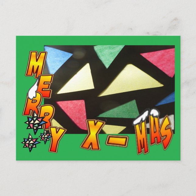 Merry Xmas Stained Glass Pattern & Stars Postcard (Front)