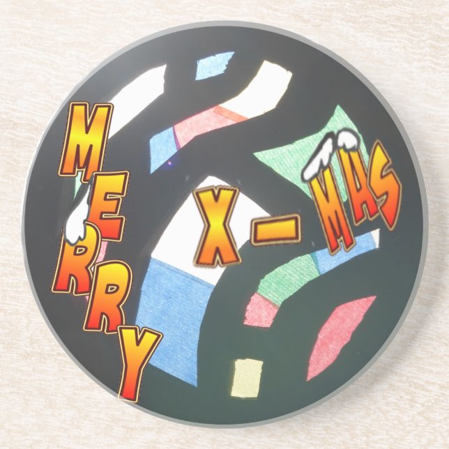 Merry Xmas Stained Glass pattern Stone Coaster (Front)