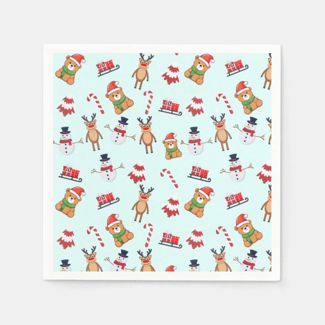 Merry xMas tree snowman deer Bear Santa Pattern Napkin (Front)