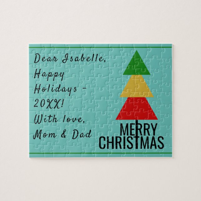 MERRY XMAS TREE TRIANGLE SHAPES CHRISTMAS STOCKING JIGSAW PUZZLE (Horizontal)