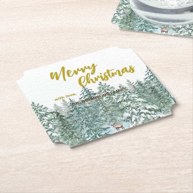 Merry xmas trees forest Modern Gold script Holiday Paper Coaster (Angled)