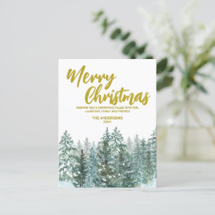 Merry xmas trees forest Modern Gold script Holiday Postcard