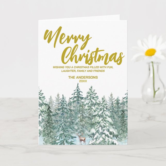 Merry xmas trees forest Moose script Holiday Card (Small Plant)