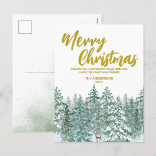 Merry xmas trees forest Moose script Holiday Postcard