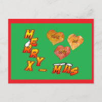 Merry Xmas with 3 Heartshaped Leaves Red Postcard