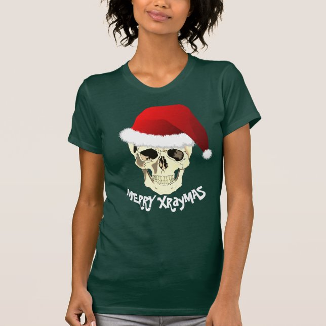 Merry Xraymas Skull with Santa Hat T-Shirt (Front)