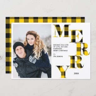 Merry Yellow Buffalo Plaid Photo Holiday Invitation