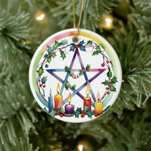 Merry Yule Festive Pentacle Winter Wiccan Holiday Ceramic Tree Decoration