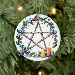 Merry Yule Festive Pentacle Winter Wiccan Holiday Ceramic Tree Decoration