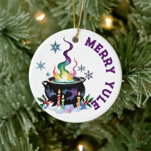 Merry Yule Festive Witches Cauldron Wiccan Holiday Ceramic Tree Decoration (Tree)
