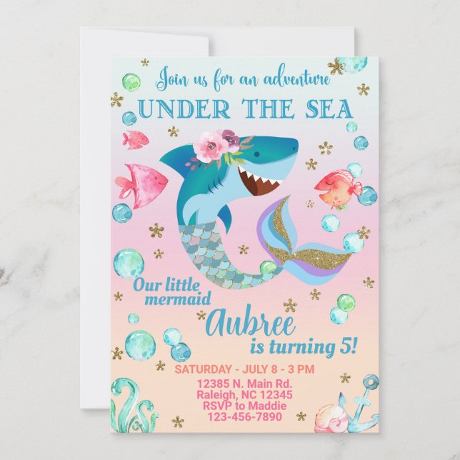 Mershark girl birthday invitation, under the sea. invitation (Front)