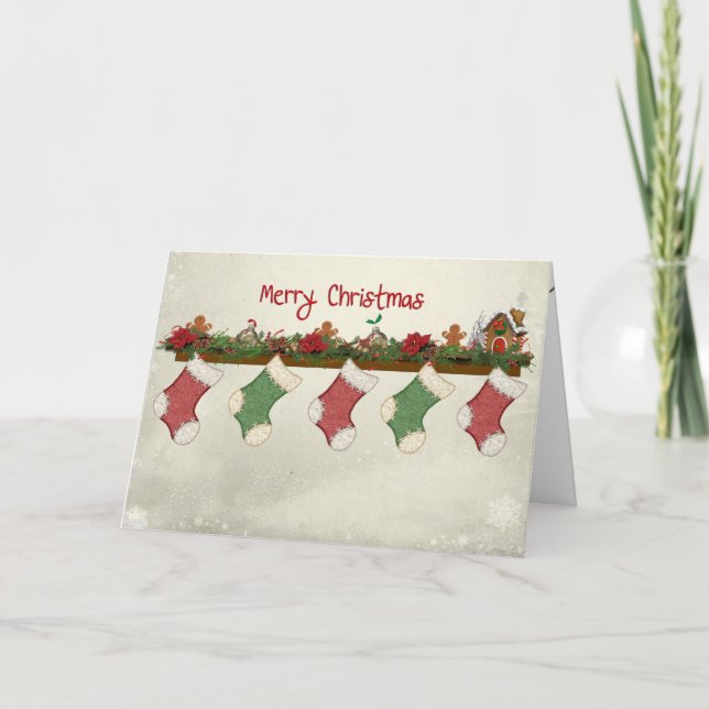 Mery Christmas Stockings on Mantle Holiday Card (Front)