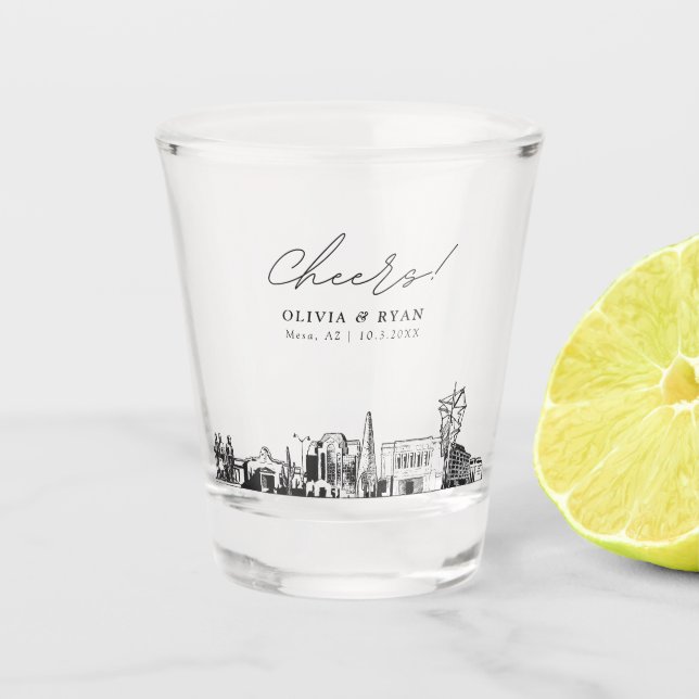 Mesa Arizona Wedding Favour Cheers Shot Glass (Front)