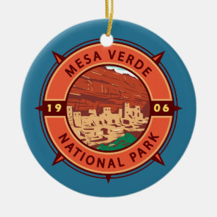Mesa Verde National Park Retro Compass Emblem Ceramic Tree Decoration