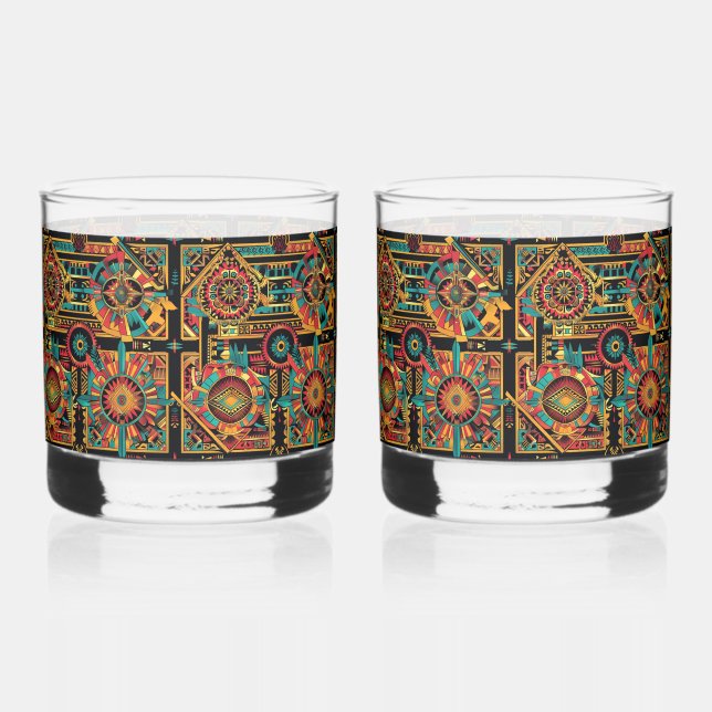 Mesmeric Cyan "Aztec Dream" Beverage Rocks Glasses (Front)