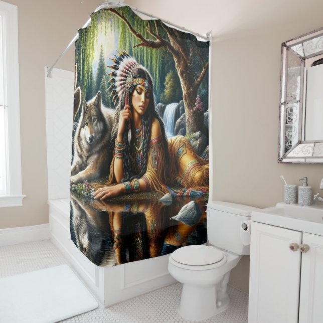 Mesmerising Indian woman with loyal wolf Shower Curtain (In Situ)