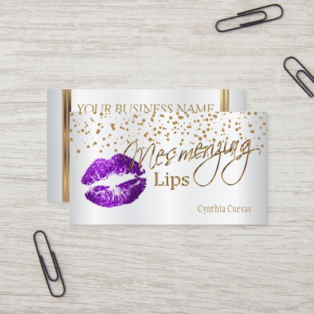 Mesmerising Lips  Gold Confetti & Purple Lips Business Card (Front/Back In Situ)