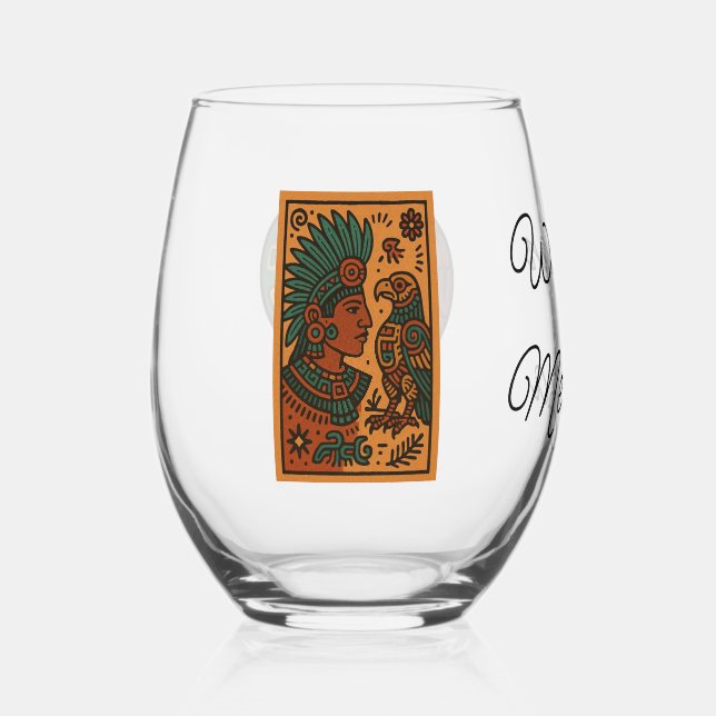 Mesoamerican Emperor Medallion Aztec/Mayan Person Stemless Wine Glass (Front)