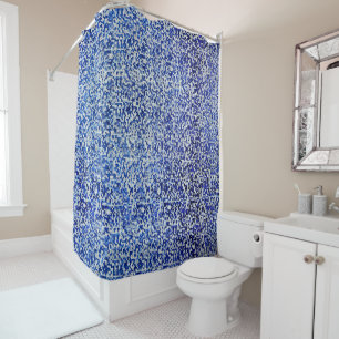 Mess of small squares, shades of blue with white shower curtain