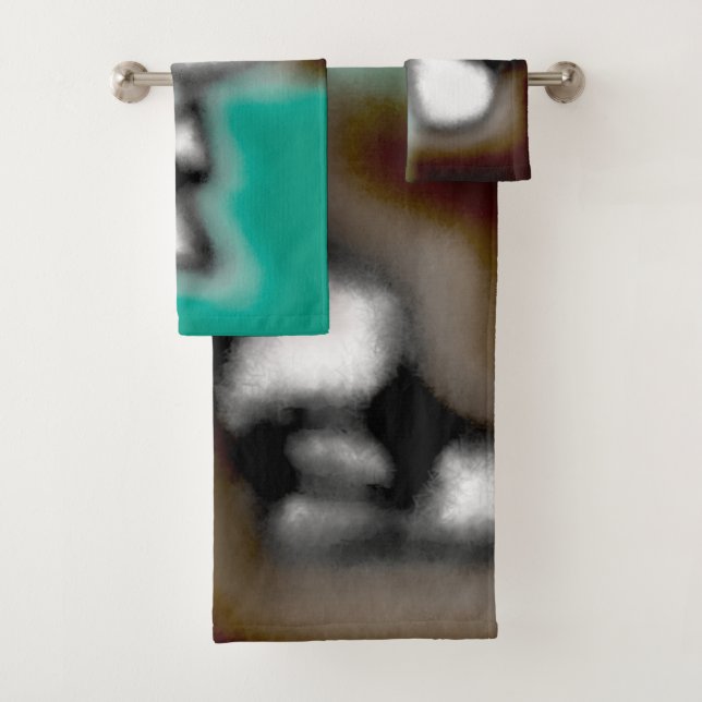 Message in a Bottle: Abstract Brown, Teal, B & W Bath Towel Set (Insitu)