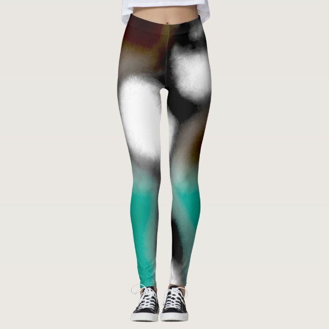 Message in a Bottle: Abstract Brown, Teal, B & W Leggings (Front)