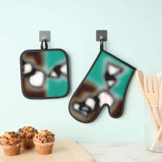 Message in a Bottle: Abstract Brown, Teal, B & W Oven Mitt & Pot Holder Set