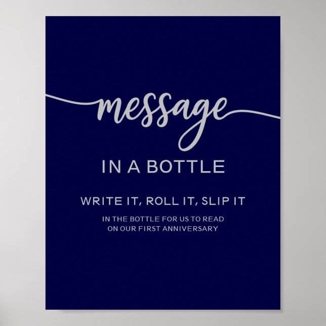 Message In A Bottle Elegant Navy Blue Silver Sign (Front)