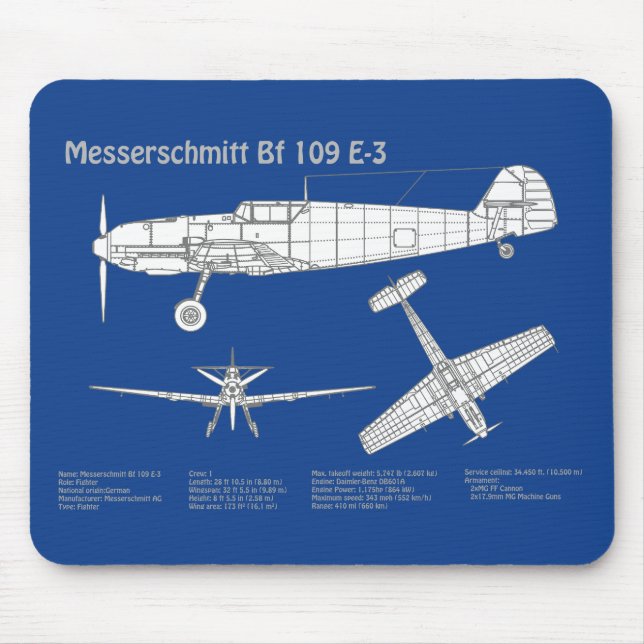 Messerschmitt Bf 109 - Aeroplane Blueprint ABD Mouse Pad (Front)