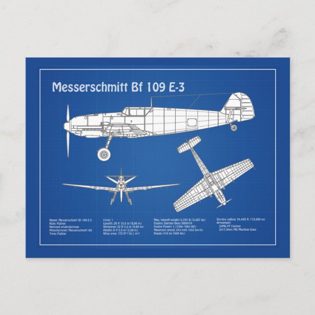 Messerschmitt Bf 109 - Aeroplane Blueprint ABD Postcard (Front)