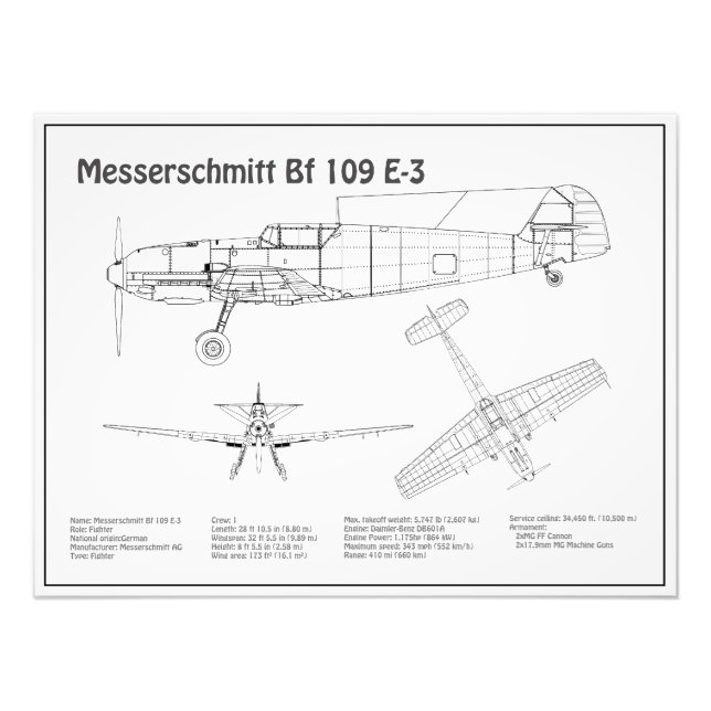 Messerschmitt Bf 109 - Aeroplane Blueprint BD Photo Print (Front)