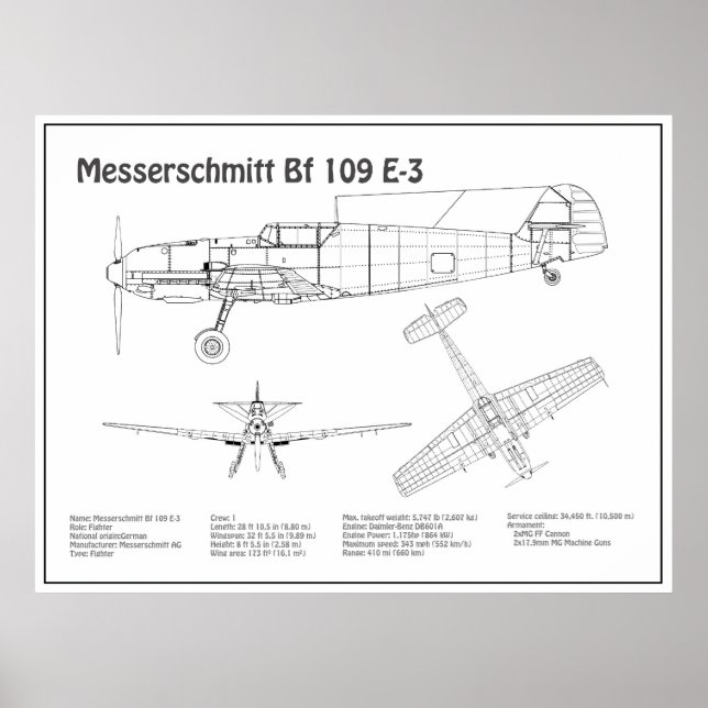 Messerschmitt Bf 109 - Aeroplane Blueprint BD Poster (Front)