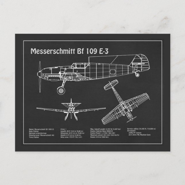 Messerschmitt Bf 109 - Aeroplane Blueprint PD Postcard (Front)