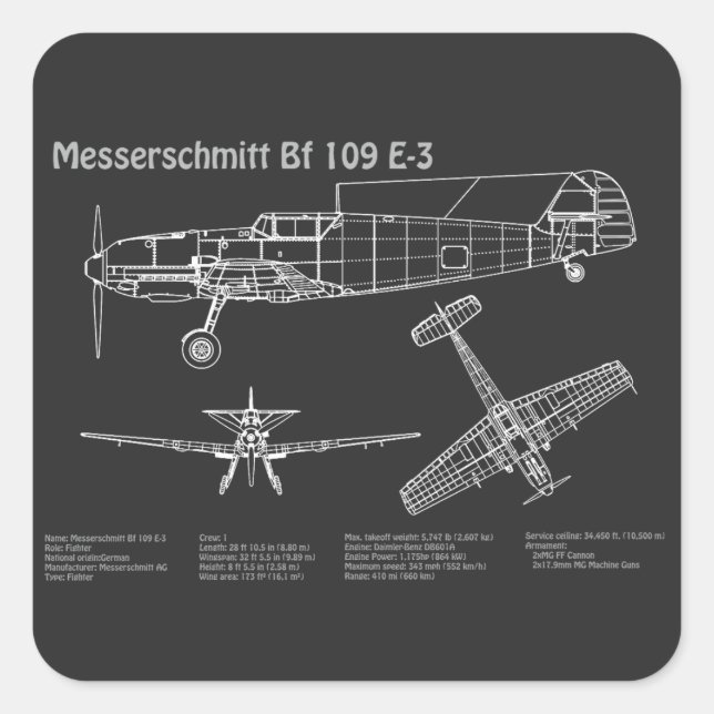 Messerschmitt Bf 109 - Aeroplane Blueprint PD Square Sticker (Front)
