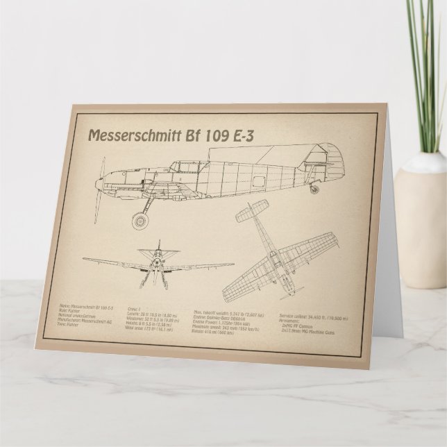 Messerschmitt Bf 109 - Aeroplane Blueprint SD Thank You Card (Front)