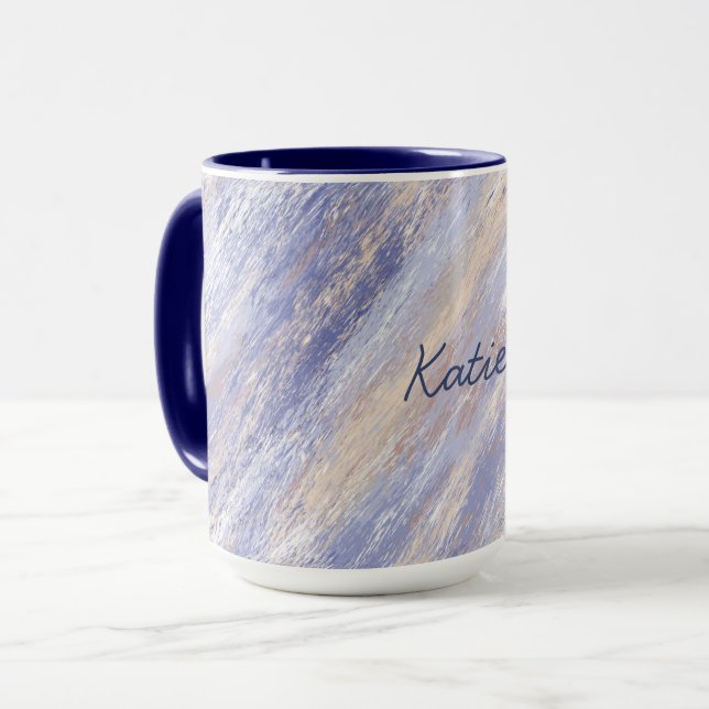 Messy Abstract Blue and Beige Paint Strokes Mug (Front Left)
