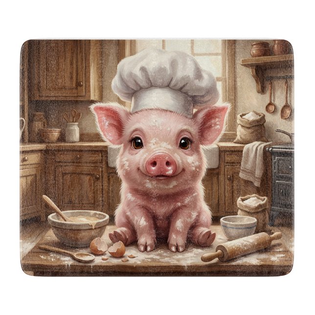 Messy Baking Baby Pig Glass Cutting Board (Front)