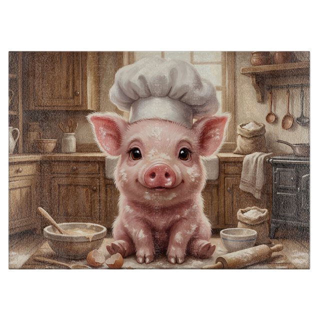 Messy Baking Baby Pig Glass Cutting Board (Front)