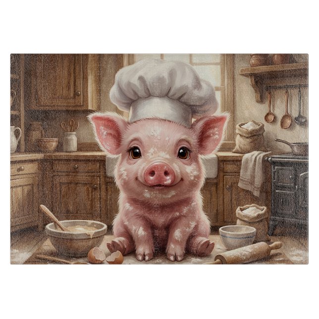 Messy Baking Baby Pig Glass Cutting Board (Front)