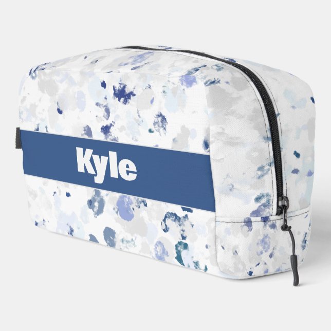 Messy Blue Grey Splatter Pattern with Name Dopp Kit (Right Corner)