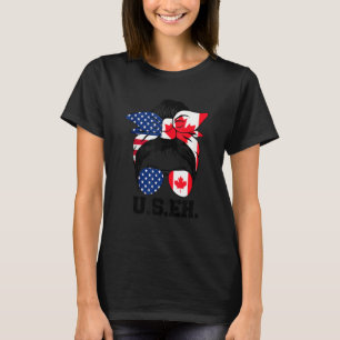 Messy Bun American Canadian Flag Sunglasses Us Eh  T-Shirt