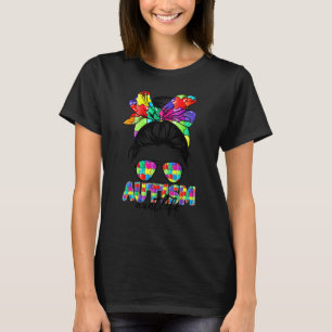 Messy Bun Bandanna Aunt Supportive Women Autism Aw T-Shirt