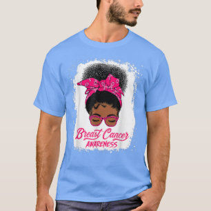 Messy Bun Black Women Ribbon Pink Breast Cancer Aw T-Shirt