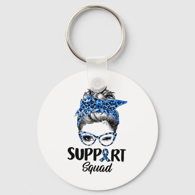 Messy Bun Blue Leopard Support Squad Diabetes Awar Key Ring (Front)