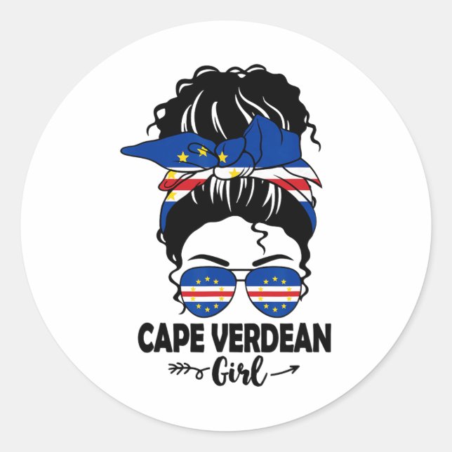 Messy Bun Cape Verdean Girl And Cape Verde Flag Gl Classic Round Sticker (Front)
