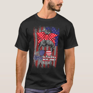 Messy Bun Girl With American Flag Pattern And Blea T-Shirt